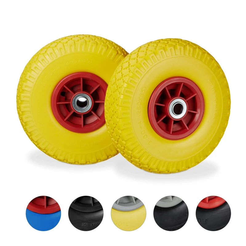 Relaxdays 2 x Hand Truck Tyre, Non-Flat Solid Rubber Wheels, 3.00-4”, 20mm Axle, 80 kg, 260 x 85 mm, Yellow/Red