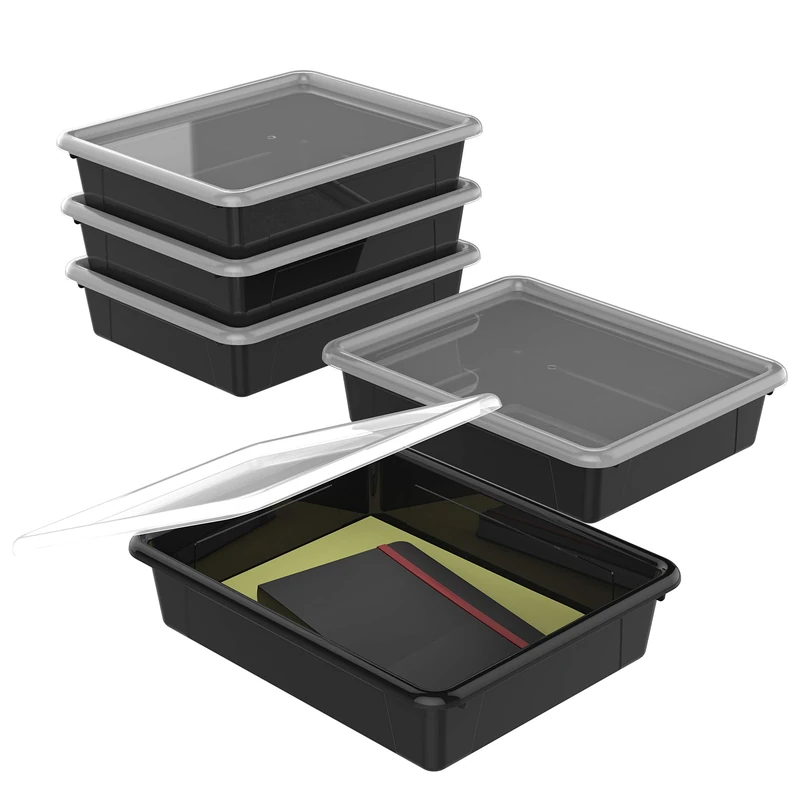 Storex Letter Size Flat Storage Tray – Organizer Bin with Non-Snap Lid for Classroom, Office and Home, Black, 5-Pack (62535U05C)