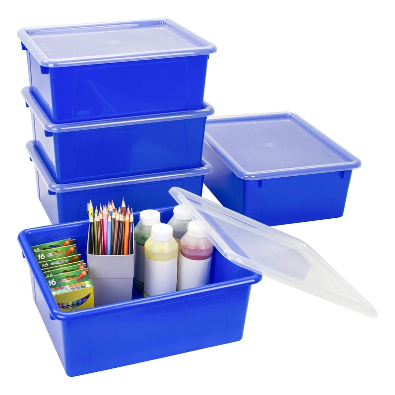 Storex Deep Storage Tray with Lid, Letter Size, 10 x 13 x 5 Inches, Blue, 5-Pack (62544U05C) - Image 1