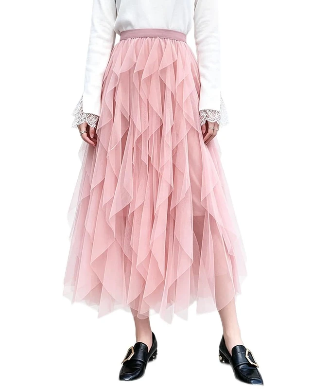 Femirah Women's Long Rainbow A Line Tulle Tutu Skirts Tiered Skirt Petticoat - Pink - One Size - Image 1