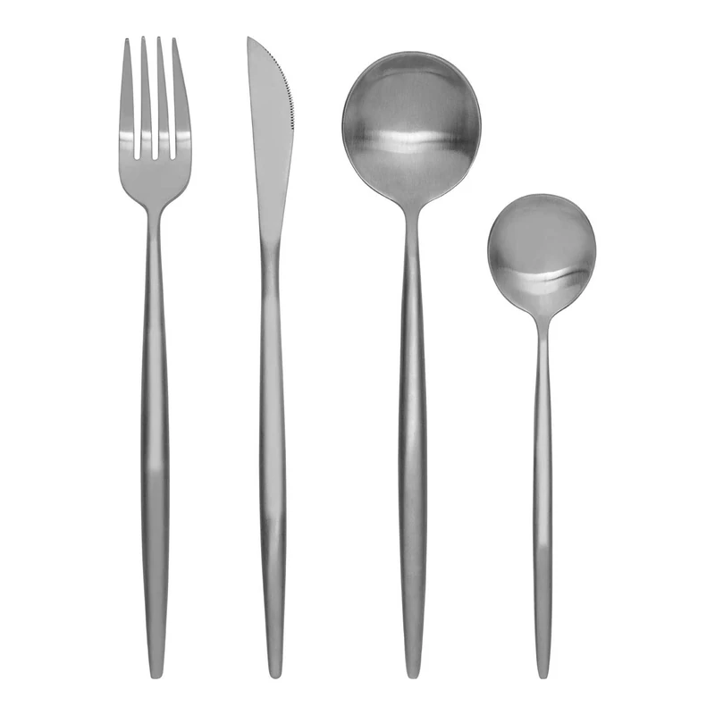 Modern Retro Cutlery Set, Matte Silver Stainless Steel, 16 Piece