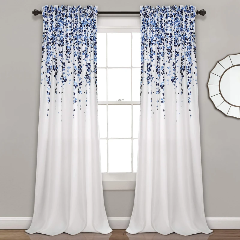 Lush Decor Weeping Flower Light Filtering Window Curtain Panels, Pair, 52" W x 95" L + 2" Header, Navy & Blue - Charming Modern Floral Curtains for Living Room, Dining Room, & Bedroom
