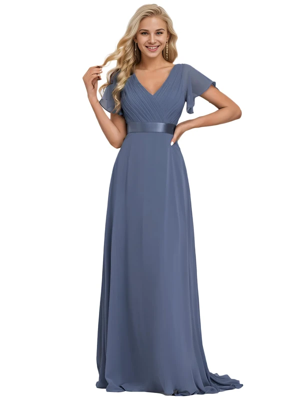 Ever-Pretty Women's Double V Neck with Short Sleeve A Line Empire Chiffon Long Bridesmaid Dresses Dusty Navy 24UK