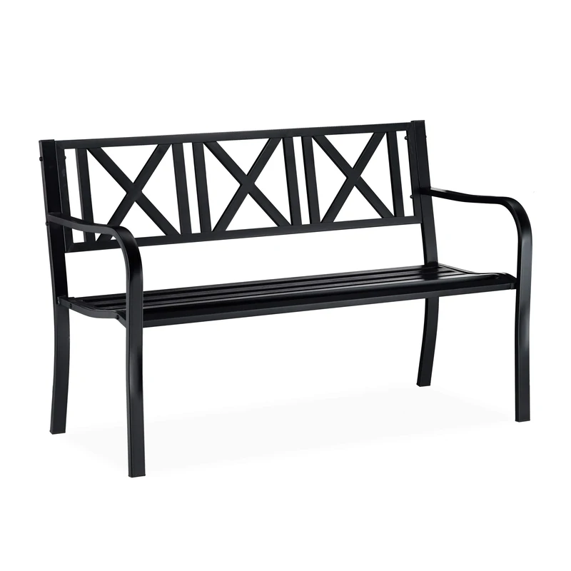 Relaxdays Metal Garden Bench, 2 Seater, Weatherproof, Patio, Porch & Balcony Bank, H x W x D 81 x 127 x 56 cm, Steel, Black
