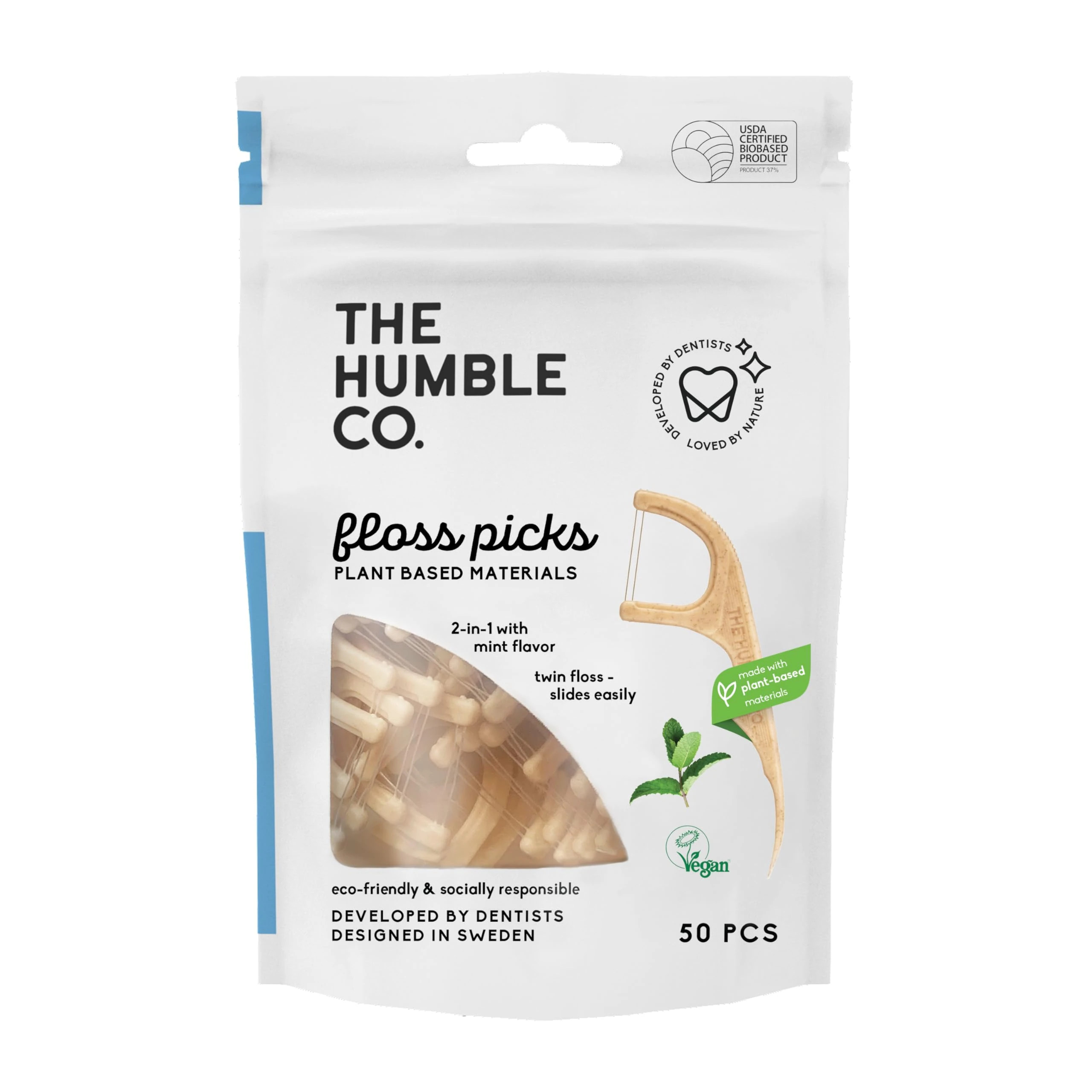 THE HUMBLE CO. - Dental Floss Picks - Mint Flavour - Slides Easily - Developed by Dentists - Designed in Sweden - Teeth Cleaning - Sustainable & Reusable - Vegan & Cruelty-Free - 50p