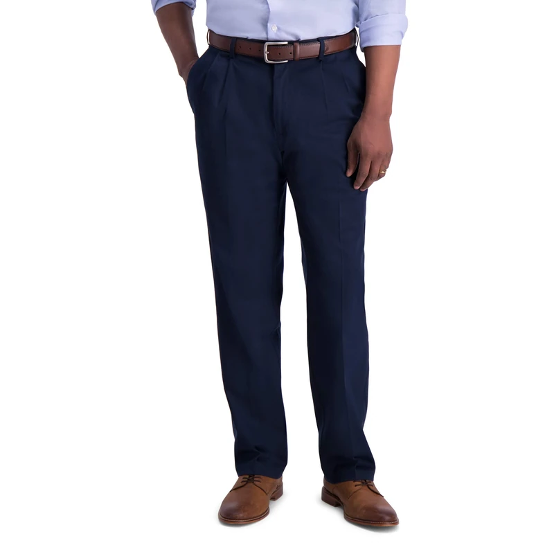 Haggar Men's Iron Free Premium Khaki Classic Fit Pleat Front Expandable Waist Casual Pant (Regular and Big & Tall Sizes), Dark Navy-Bt, 44W x 32L