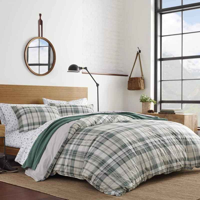 Eddie Bauer - Queen Duvet Cover Set, Cotton Reversible Bedding with Matching Shams, Plaid Home Decor for All Seasons (Timbers Evergreen, Queen)