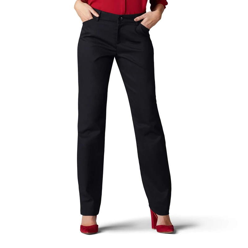 Lee Women's Wrinkle Free Relaxed Fit Straight Leg Pant, Black, 4 Short