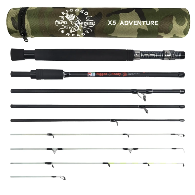 RIGGED AND READY X5 Travel Fishing Rod. Super Compact, Carry size 40cm (15.8’), multi-functional travel rod + 4 tips + case. 1 rod with 5 fishing options. 2.22m (7’ 3”) + 1.9m (6'3") lengths.