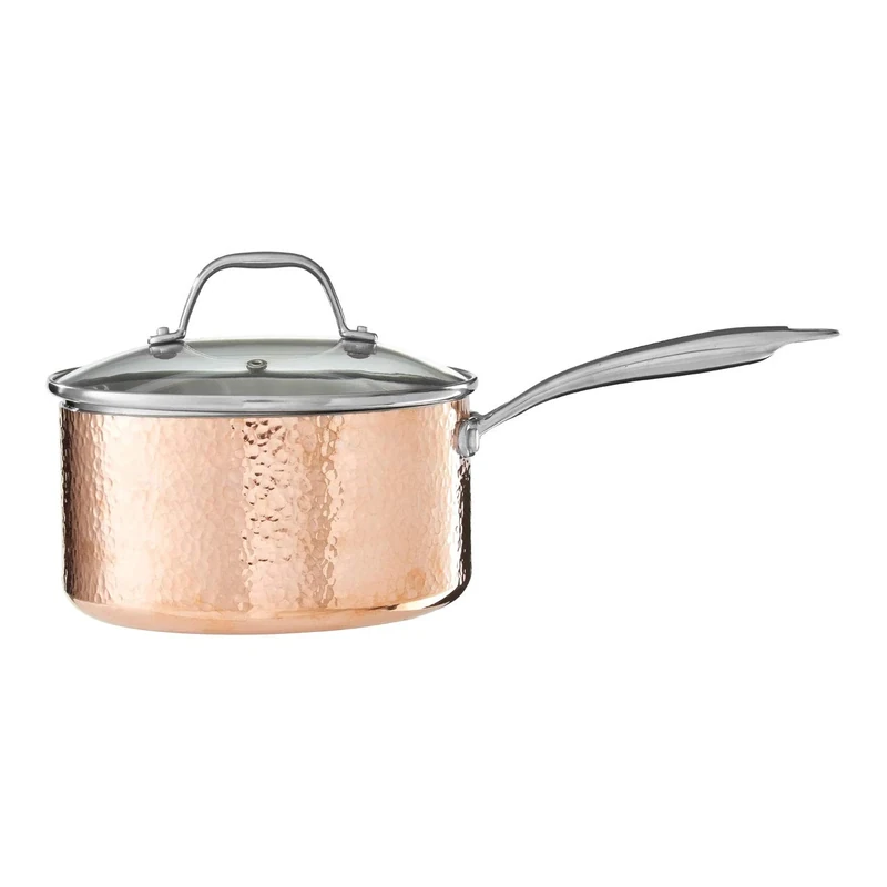 Premier Housewares Minerva Saucepan, Hammered Copper, Tri-Ply, Stainless Steel, Glass lid, 20cm