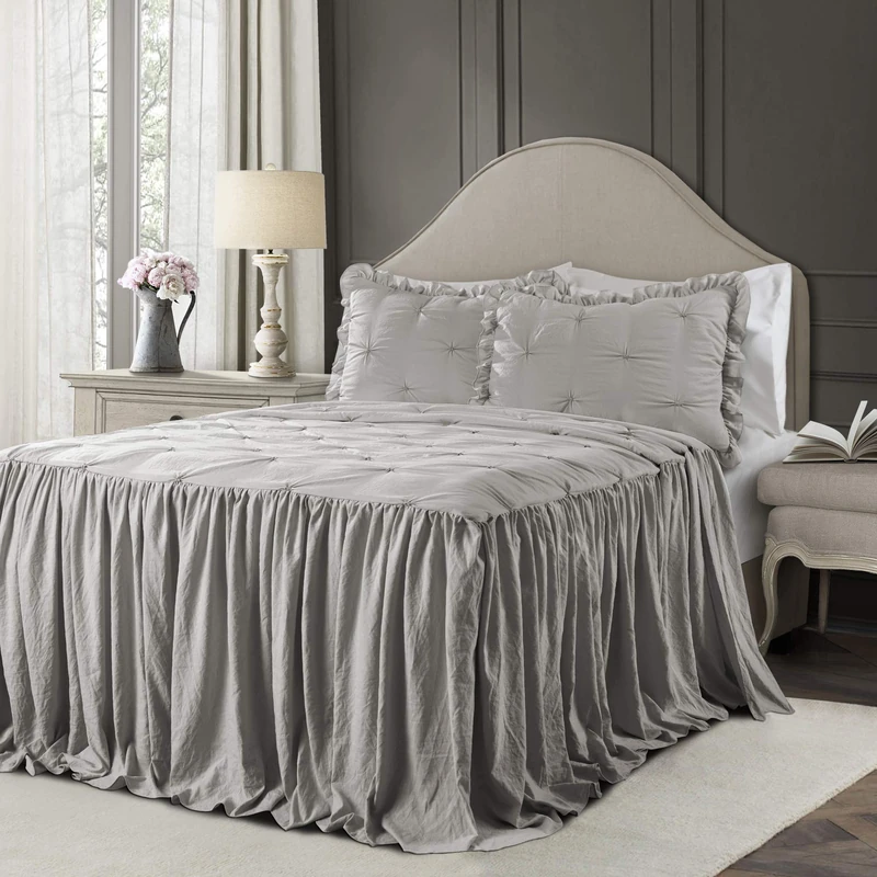 Lush Decor Ravello Pintuck Ruffle Skirt Bedspread Set - Luxe 3 Piece Ruffled Bedding Set - Traditional Glam & Farmhouse Inspired Bedroom Decor - King, Light Gray