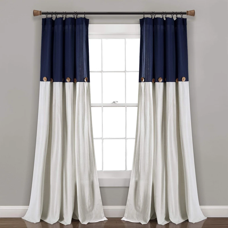 Lush Decor Linen Button Window Curtain Single Panel, Cotton Blend, Navy & Off-White, 40" W x 95" L (Pack of 1)