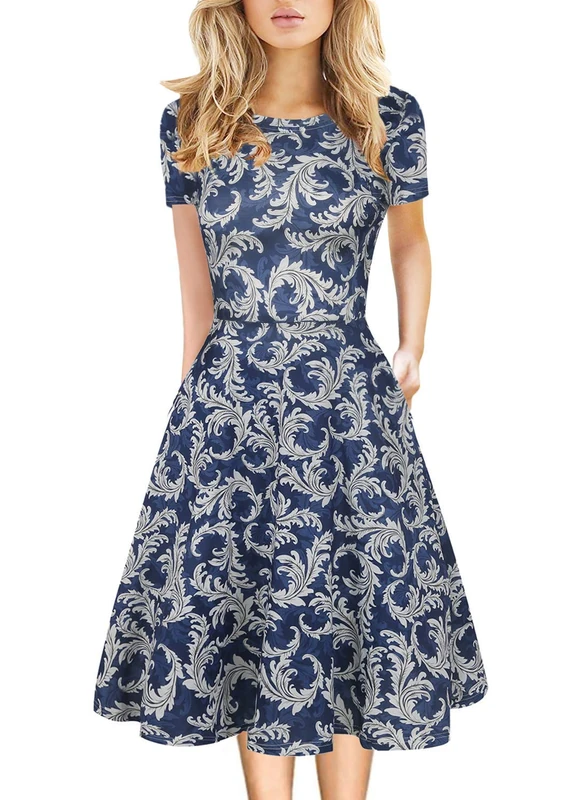 Women's Elegant Vintage Cotton Casual Floral Print Work Party A-Line Swing Dress with Pockets 162, Blue-1, XL - Image 1