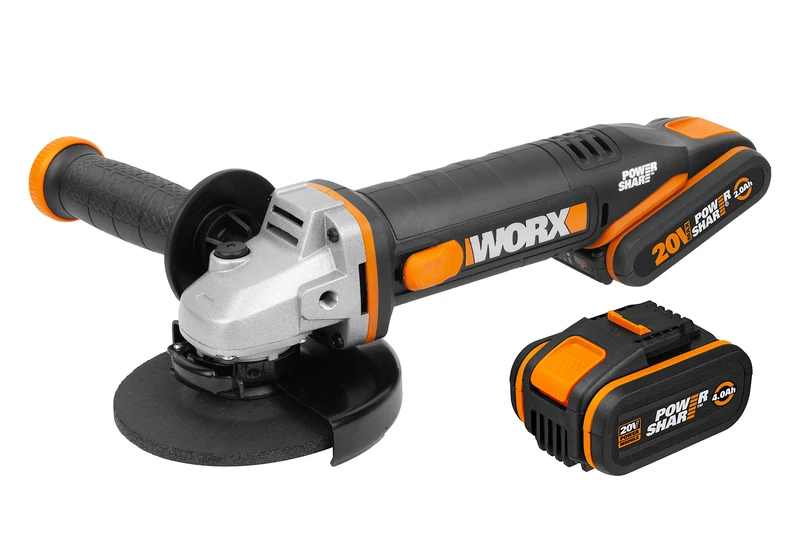 WORX | Grinder 125 mm 20V | PowerShare | WX803 | Includes 2 Batteries 2Ah and 4Ah | Spindle Lock | Side Switch | Quick Adjustment System Without Tools | Auxiliary Handle