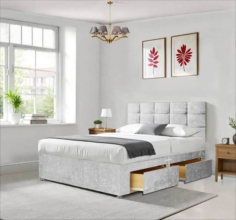 Divan Beds Deals – Elegant Double Silver Crushed Bed Frame with Premium 10” Spring Memory Foam Mattress | Bed Frame with Spacious 2 Storage Drawers & Stunning 20” High Headboard