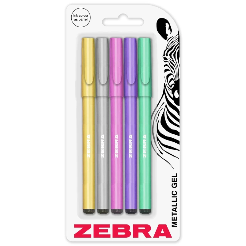 Zebra ZGE Gel Ink Stick Pens - Metallic Barrel - 0.7mm - Pack of 5 Assorted Colours