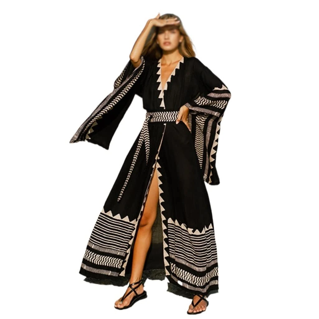 LOKAXXZU Bikini Cover Bohemia Beach Kimono Women's Geometric Black Wrapped Dress Beach Swimsuit