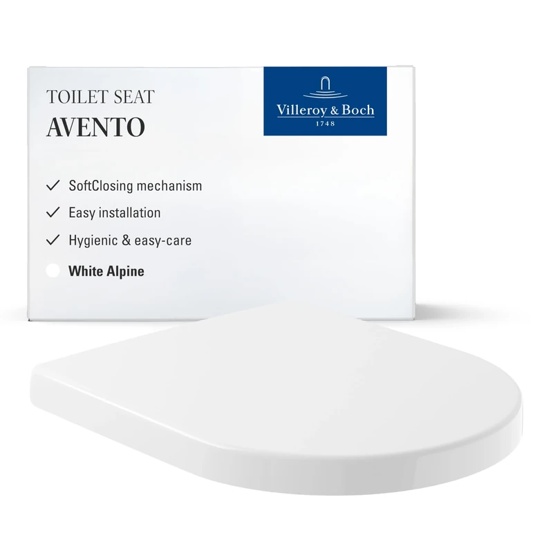 Villeroy & Boch Avento Toilet seat, Toilet lid with Soft-Closing Mechanism, Removable Toilet seat Made from Break-Proof Duroplast, Toilet lid Original Spare Part, D-Shape, White Alpine, Glossy