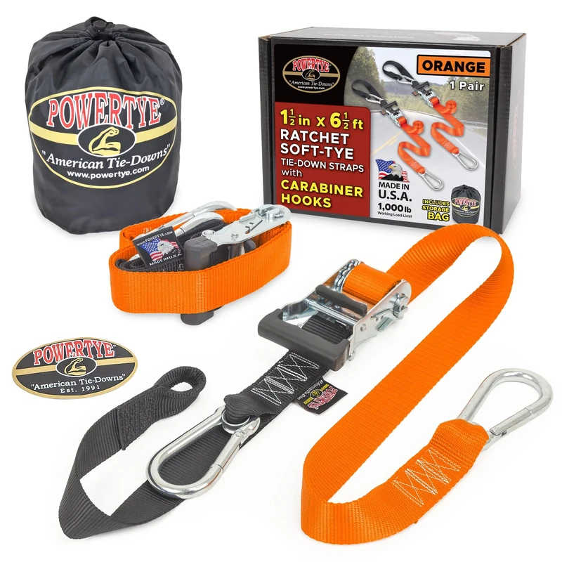 PowerTye 1.5in x 6.5ft Heavy Duty Ratchet Tie-Down Straps with Soft-Tye, Carabiner Hooks - 1,000 lb Working Load Limit / 3,000 lb Breaking Strength - Made in USA - Orange/Black Pair + Storage Bag