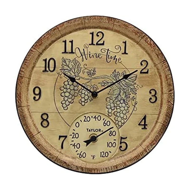 Taylor 14" Poly Resin Wine Time Clock with Thermometer, Multicolored