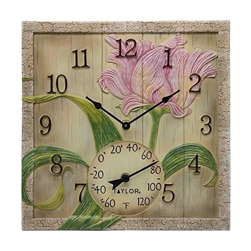Taylor Precision Products 14" x 14" Poly Resin Beachwood Flower Clock with Thermometer, One Size, Multicolored