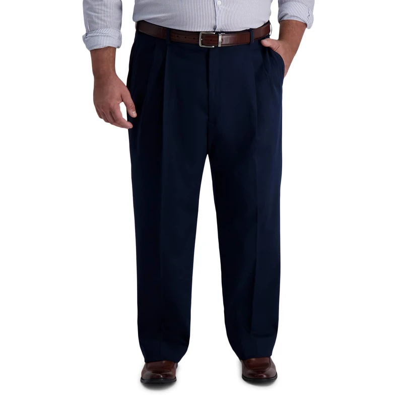 Haggar Men's Iron Free Premium Khaki Classic Fit Pleat Front Expandable Waist Casual Pant (Regular and Big & Tall Sizes), Dark Navy-Bt, 46W x 32L