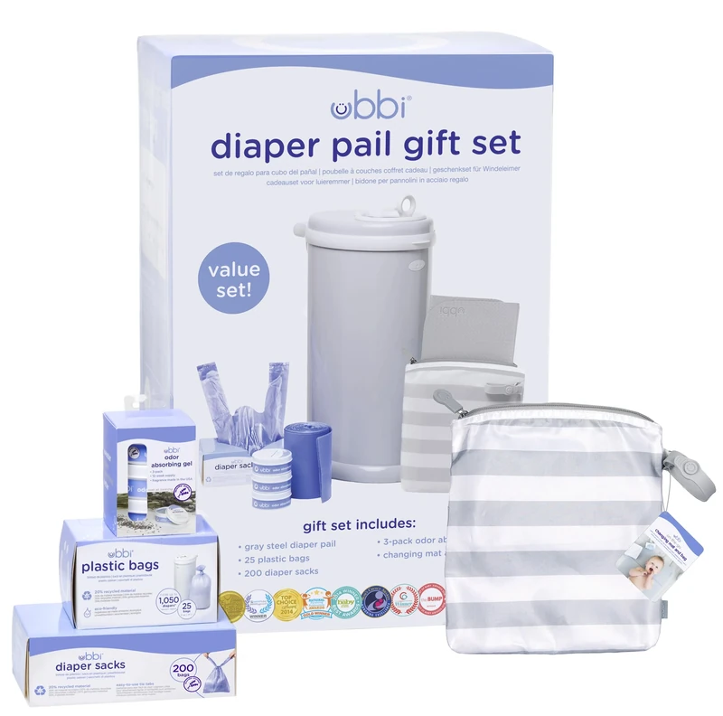 Ubbi Nappy Changing Value Set, Odour Locking Modern Design - Set Includes Grey Diaper Pail, Nappy Sacks, Odour Absorbing Gel, Travel Changing Mat and Nappy Bin Waste Bags