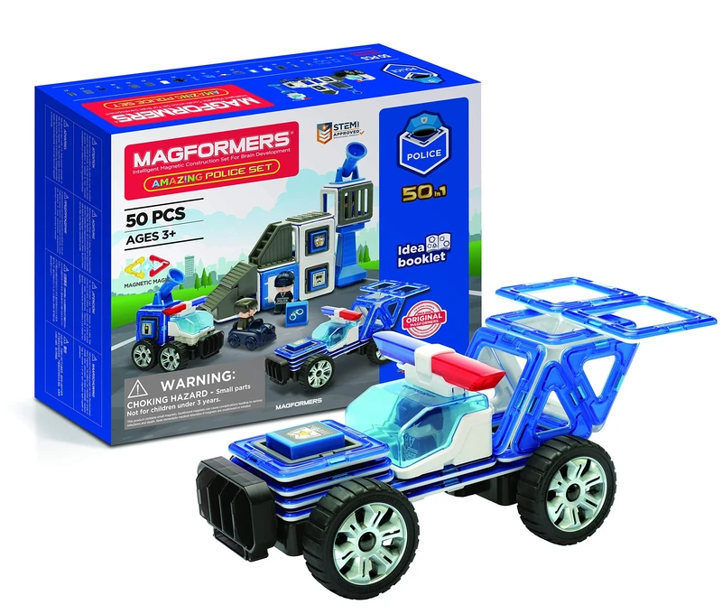 Magformers 50-In-1 Amazing Police Themed Magnetic Construction Toy. Authentic STEM Toy and Play Set with Magnetic Pieces and Roleplay Characters