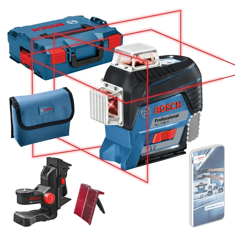 Bosch Professional 12V System Laser Level GLL 3-80 C (Without Battery and Charger, red Laser, w/app Function, Mount, Working Range: 30m, in L-BOXX)