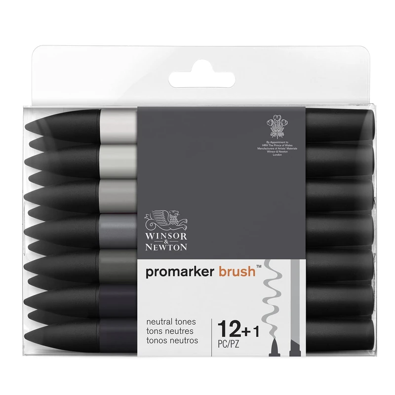 Winsor & Newton, Promarker Brush, Neutral Tones, Set of 12 + 1 Blender, Alcohol Based Dual Tip Markers