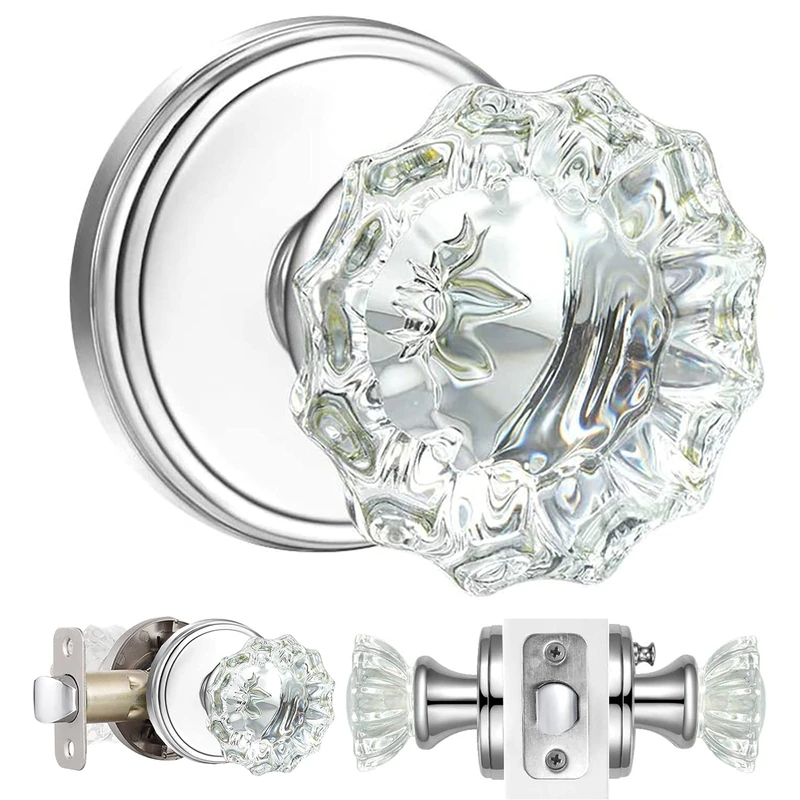 Shiny Handles Crystal Glass Door Knobs Interior with Lock,Privacy Vintage Clear Crystal Door Knobs for Bedroom and Bathroom (Polished Chrome,1Pack)