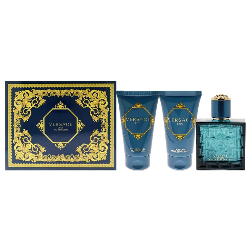 Versace Eros For Men 3 Pc Gift Set - 1.7 oz EDT Spray, Comfort After Shave Balm, Invigorating Shower Gel