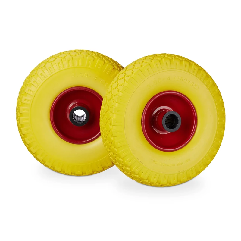 Relaxdays Hand Truck Spare Tyre Set, Flatproof, 3.00-4 Solid Rubber Wheel, 25mm Axle, 100 kg, 260 x 85 mm, Yellow-Red