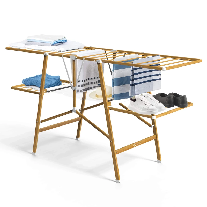 VOUNOT® Clothes Airers Indoor, 24m Folding Laundry Drying Rack, Metal, Imitation Wood Design