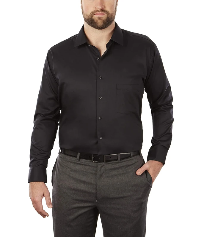Van Heusen Men's High fit Shirt with Flexible Collar, Stretch, Plain Large Dress, Black, XL