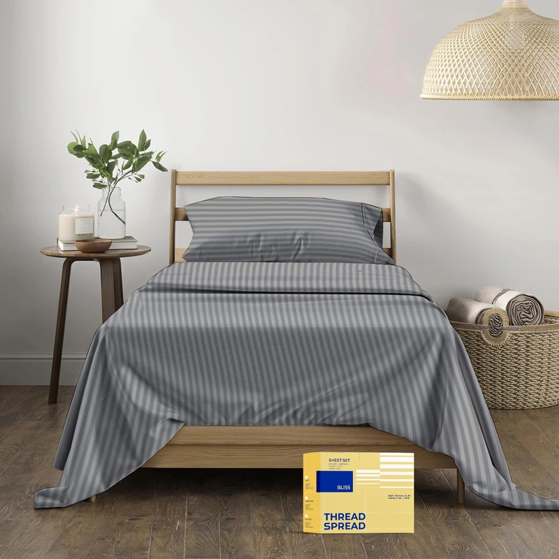 THREAD SPREAD Luxury Egyptian Cotton Twin Striped Sheet Set - 600 Series Bliss Collection Extra Long Staple Set (3 PC, Dark Grey Stripe), Twin Damask Sheets, Cooling Sheets Upto 18" Deep Pocket