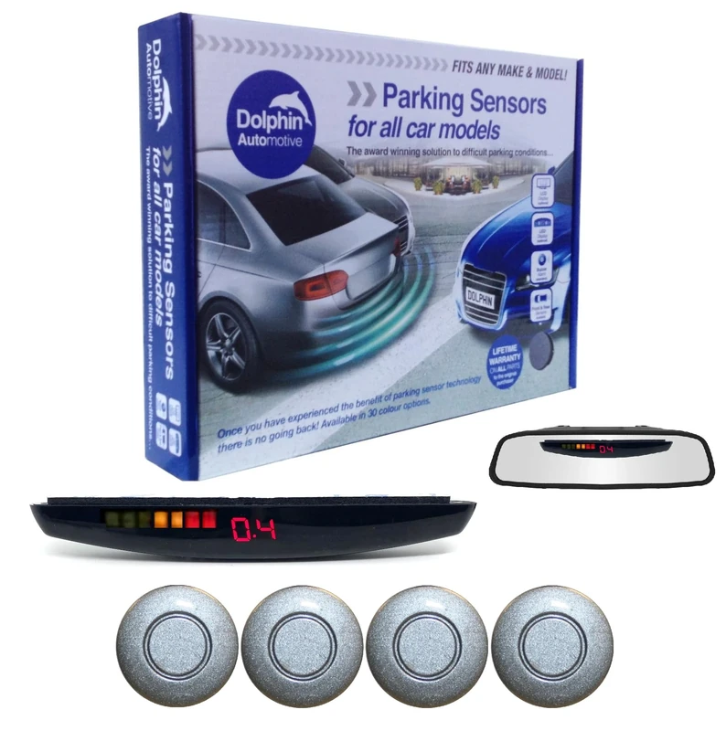 Dolphin DPS455 Reverse Parking Sensors In 32 Colours 4 Ultrasonic Radar Sensors Kit Audio & Rear Roof Mounted Display Alert System Matt & Gloss Black +30 More Colours (Grey)