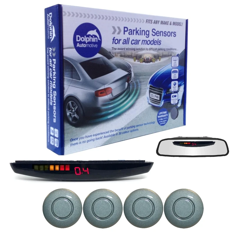 Dolphin DPS455 Reverse Parking Sensors In 32 Colours 4 Ultrasonic Radar Sensors Kit Audio & Rear Roof Mounted Display Alert System Matt & Gloss Black +30 More Colours (Ice Blue)