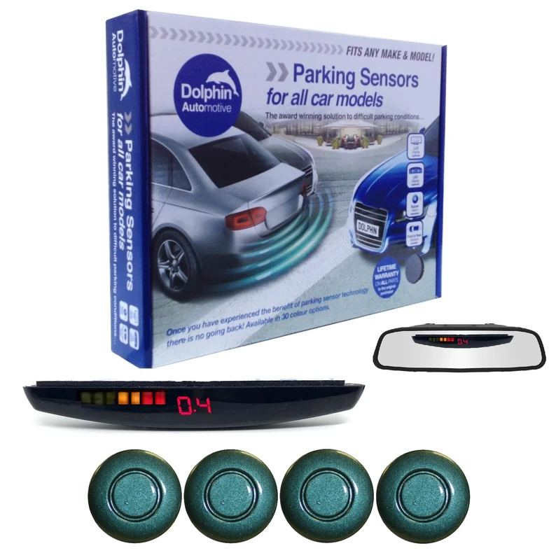 Dolphin DPS455 Reverse Parking Sensors In 32 Colours 4 Ultrasonic Radar Sensors Kit Audio & Rear Roof Mounted Display Alert System Matt & Gloss Black +30 More Colours (Racing Green)