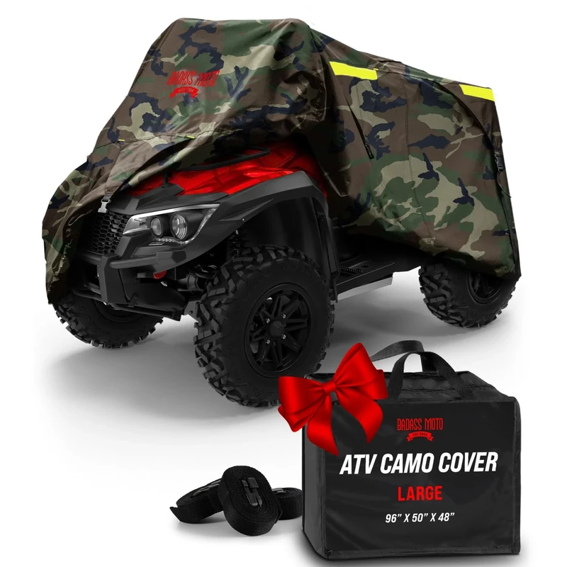 Badass Moto Camo Heavy-Duty, Triple-Waterproof 4 Wheeler Cover – ATV Cover Four Wheeler. Rip-Resistant, Night-Reflective Quad Cover w/Advanced Waterproofing, Easy-Access Zipper and Vents. Large 95"