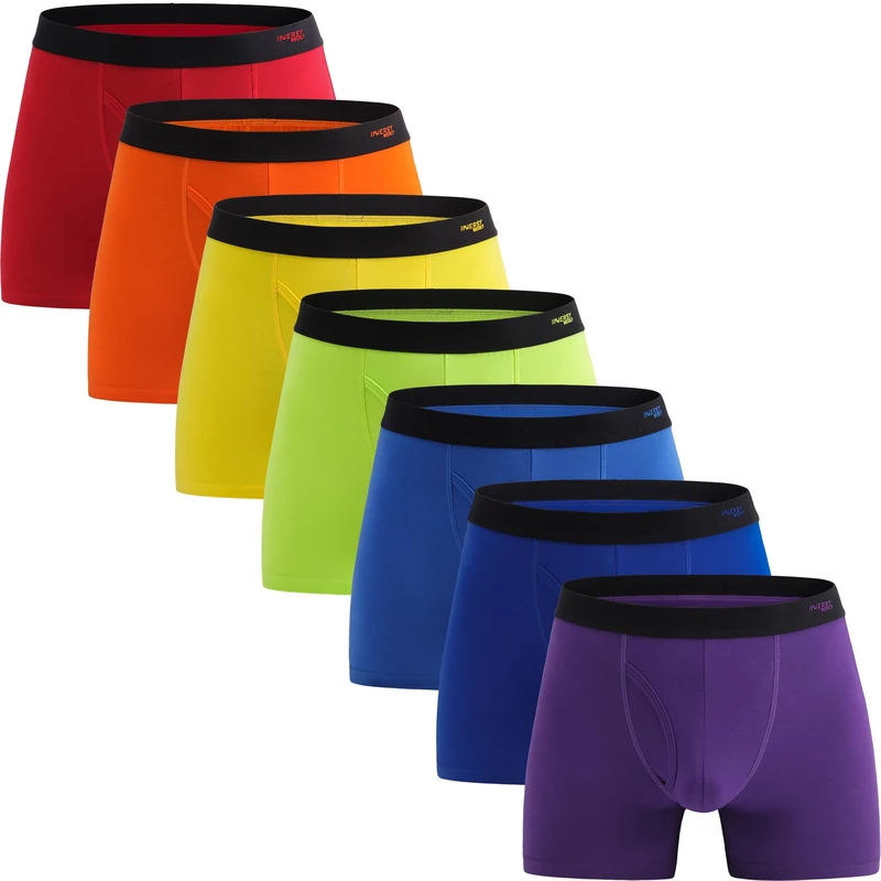 INNERSY Mens Boxer Shorts Cotton Pants Underwear Long Leg Trunks Multipack Rainbow Briefs 7 Pack (L, Rainbow)