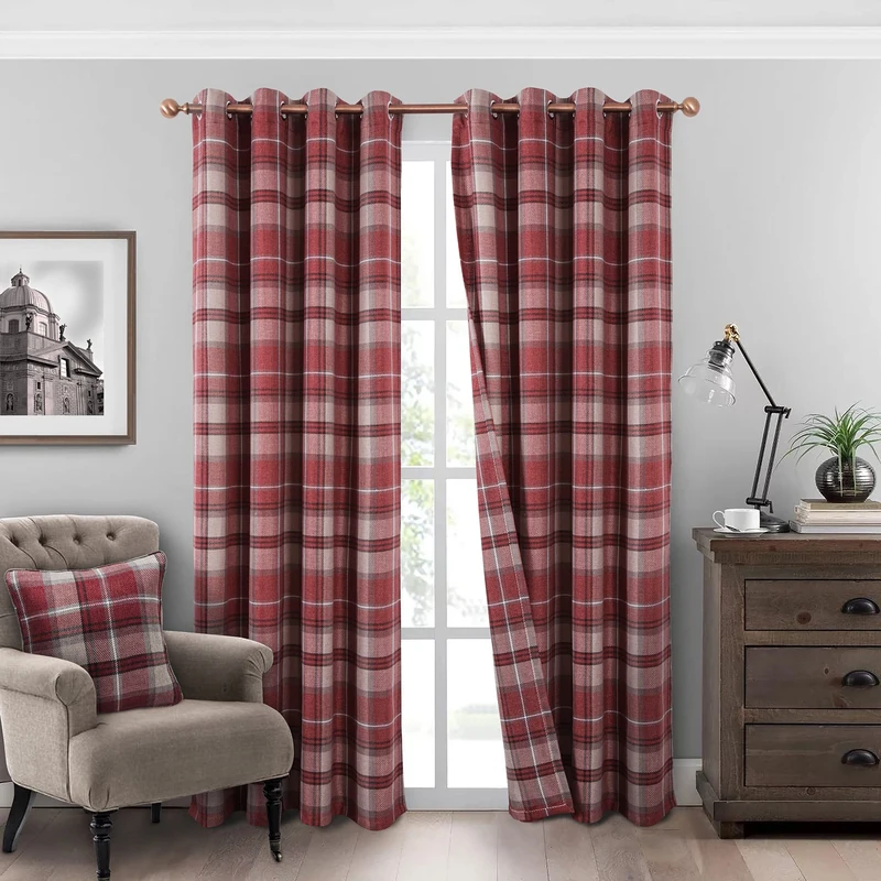 always4u Plaid Curtains Highland Woolen Look Modern Classic Window Drapes Red Check Tartan Curtains for Living Room Bedroom 2 Panels Burgundy Red 45 * 95 Inches