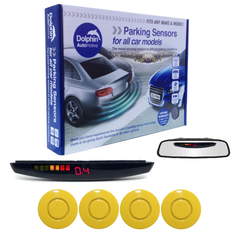 Dolphin DPS455 Reverse Parking Sensors In 32 Colours 4 Ultrasonic Radar Sensors Kit Audio & Rear Roof Mounted Display Alert System Matt & Gloss Black +30 More Colours (Yellow)