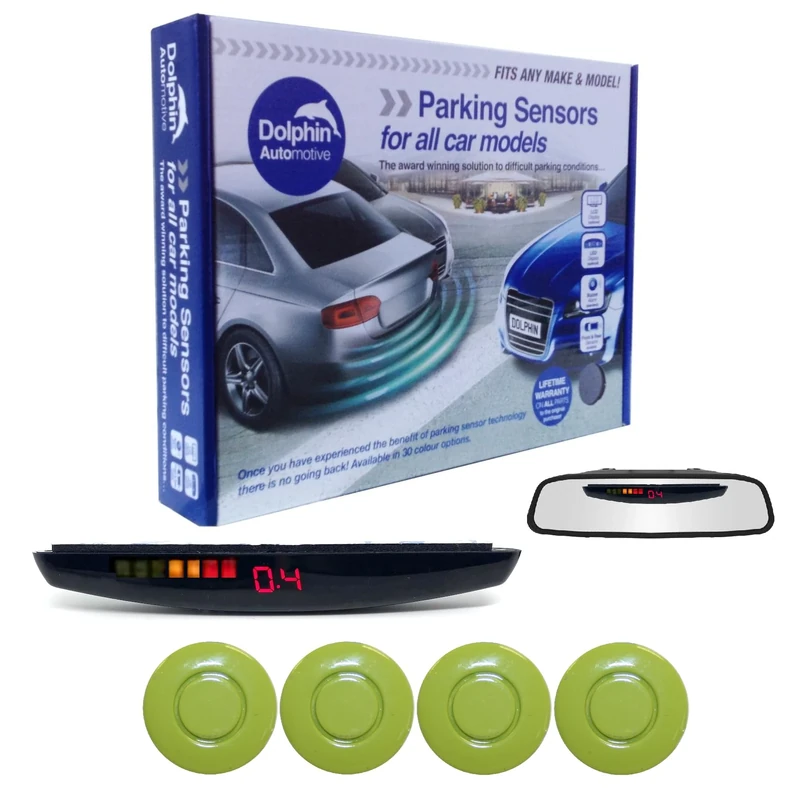 Dolphin DPS455 Reverse Parking Sensors In 32 Colours 4 Ultrasonic Radar Sensors Kit Audio & Rear Roof Mounted Display Alert System Matt & Gloss Black +30 More Colours (Apple Green)