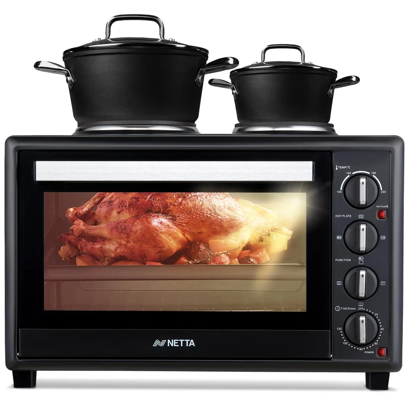 NETTA Electric Mini Oven 45L with Double Hotplate, Grill, Multiple Cooking Functions, Adjustable Temperature Control, 120 Minute Timer, Accessories Included - 1500W