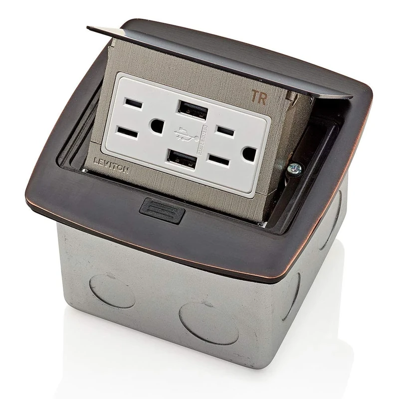 Leviton PFUS1-BZ Pop-Up Floor Box with Dual Type A, 3.6 USB Charger, 15 Amp Outlet, Bronze