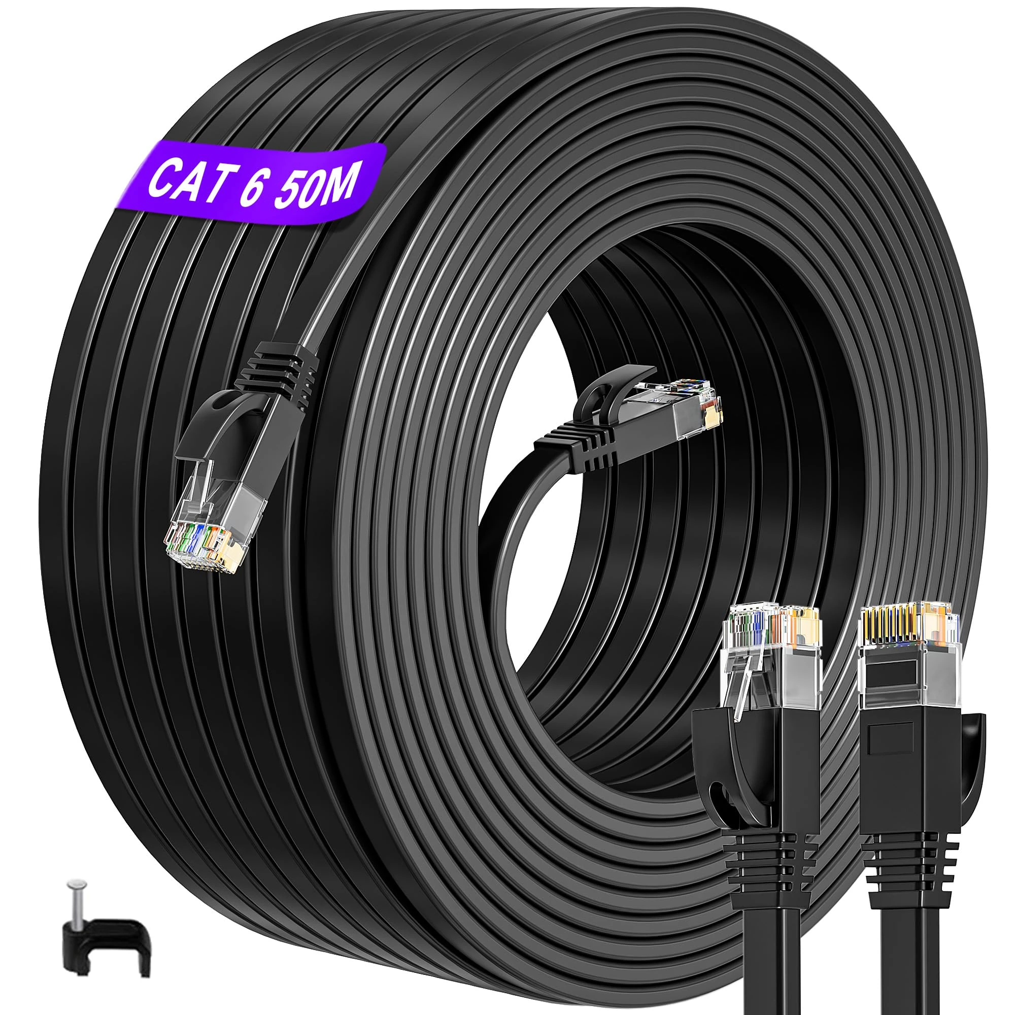 ikbc Ethernet Cable 50m, Cat 6 Internet Cable 50m High Speed Black, Flat LAN Cable RJ45 50 meter, Gigabit Patch Cord 50 metre Cat6 Network Cable for Router PS4/5 (50 Clips)