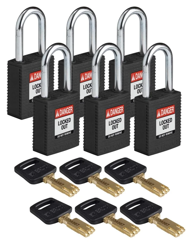 SafeKey Nylon Padlock, 38mm x 84mm x 19mm, Black, Pack of 6