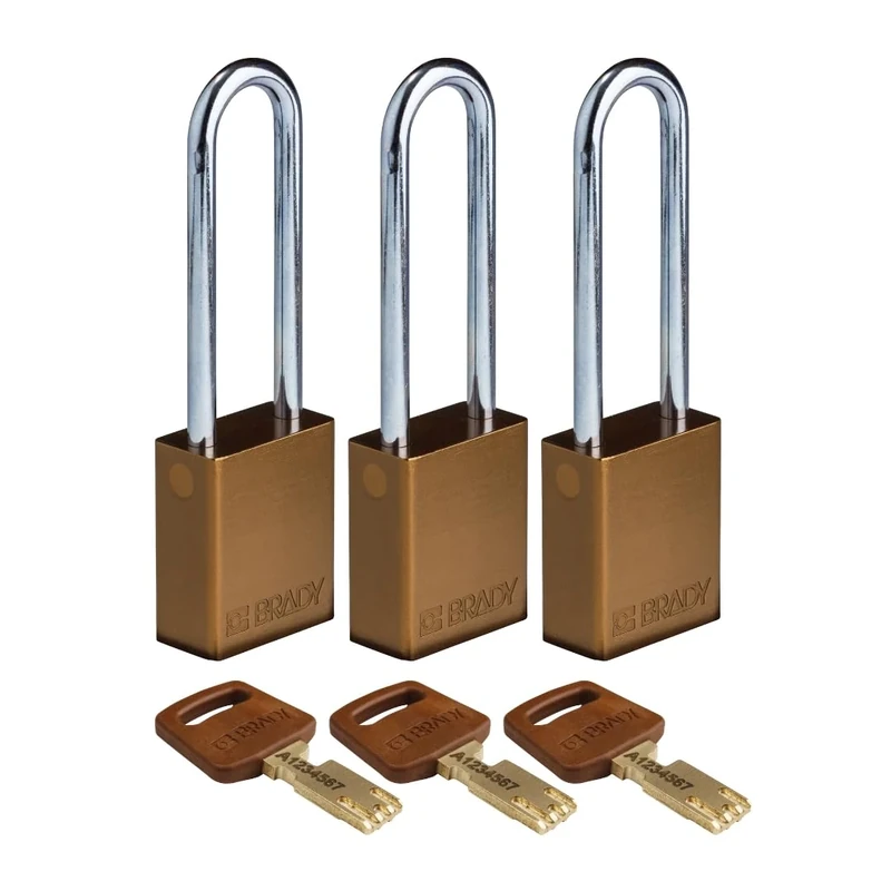 Brady SafeKey Padlock Aluminum 3-pack - Lockout Padlock with Key - Lockout Tagout Security Lock for Indoor and Outdoor Use - Shackle Height 76.20 mm - Keyed Alike - Brown