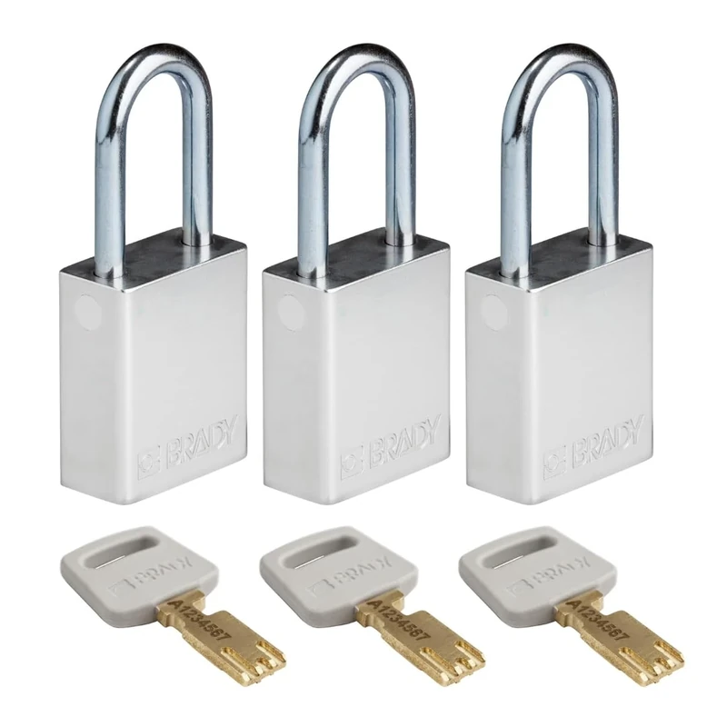 Brady SafeKey Padlock Aluminum 3-pack - Lockout Padlock with Key - Lockout Tagout Security Lock for Indoor and Outdoor Use - Shackle Height 38.10 mm - Keyed Alike - Silver
